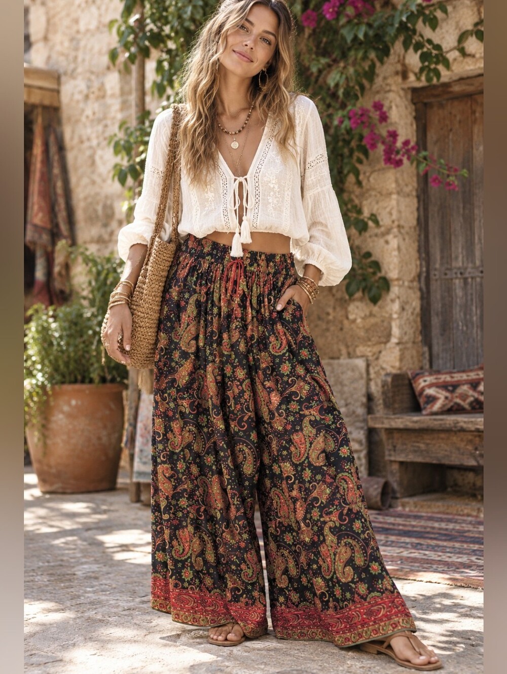 Sacred Threads Silk Paisley Wide Leg Palazzo Pants OS Fall Earthy Boho Hippie